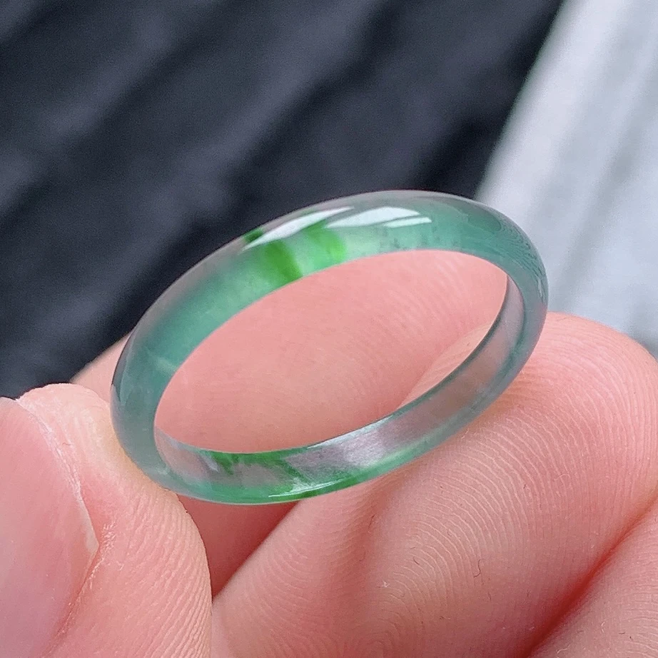 天然翡翠A货老坑冰种细条飘绿翡翠戒指指环18号圈口内径18.1mm&49