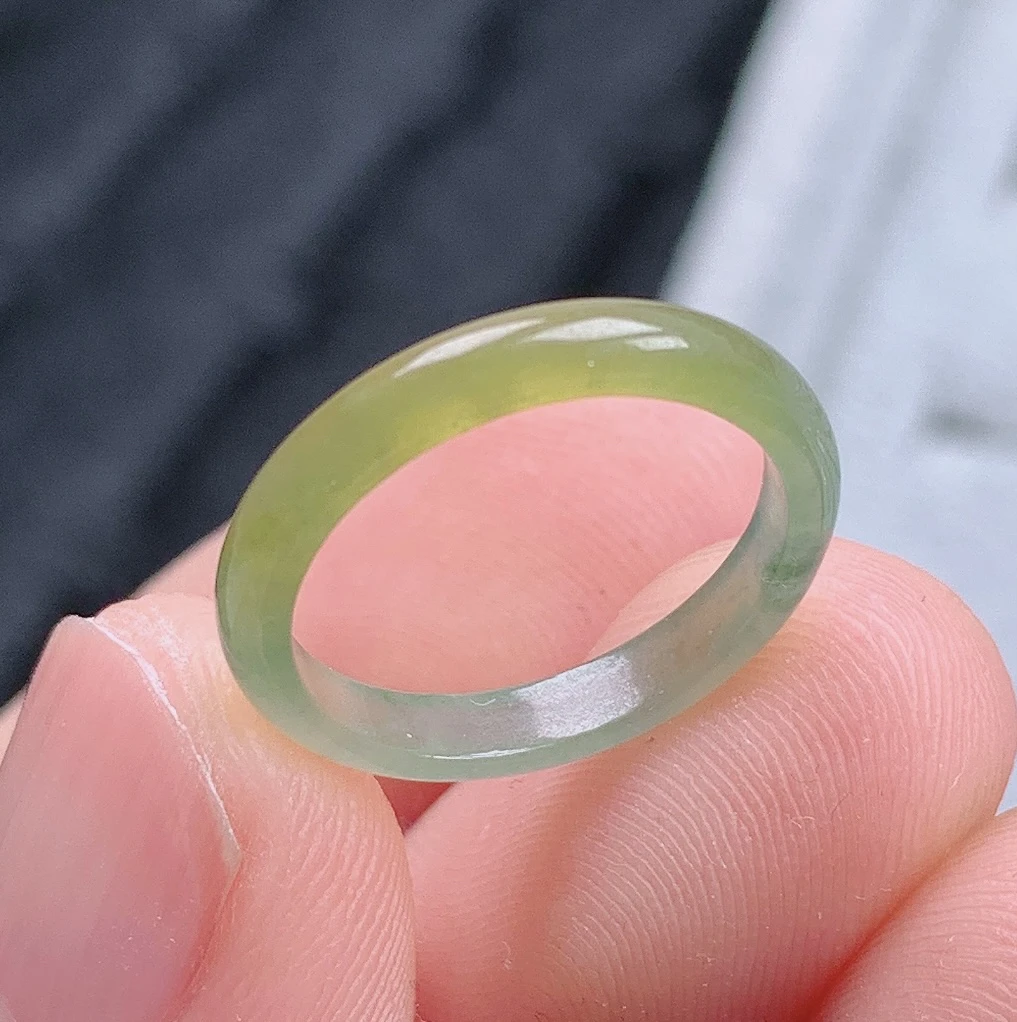 天然翡翠A货老坑种冰黄飘花戒指指环小圈口8号圈口内径14.8mm&10