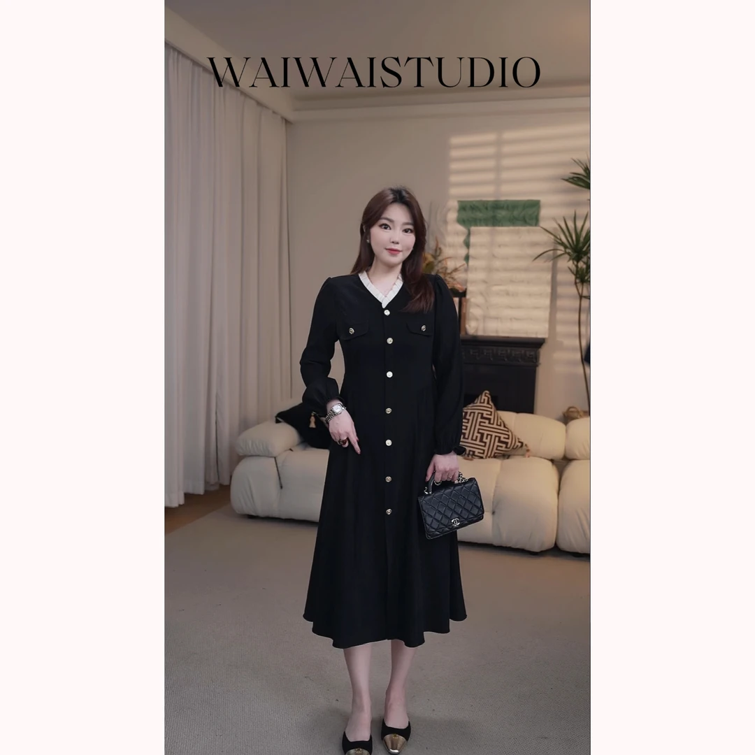 【秋水】新款拼色荷叶领百搭气质长袖连衣裙 24A219