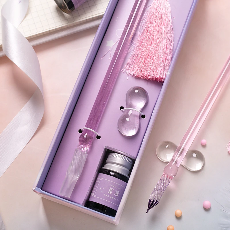 笔蘸水笔创意墨水笔流苏文具学生套装玻璃手工礼盒装玻璃笔