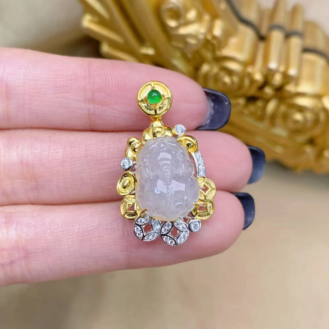 四会-（DPX-3-1）貔貅吊坠-s925银镶翡翠貔貅吊坠多样性发其一