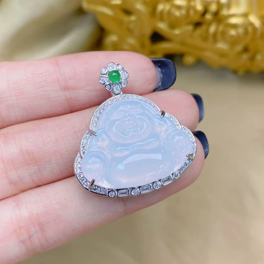 (DF-40-1)佛公吊坠-s925银镶翡翠白冰佛公百搭款多样性发其一