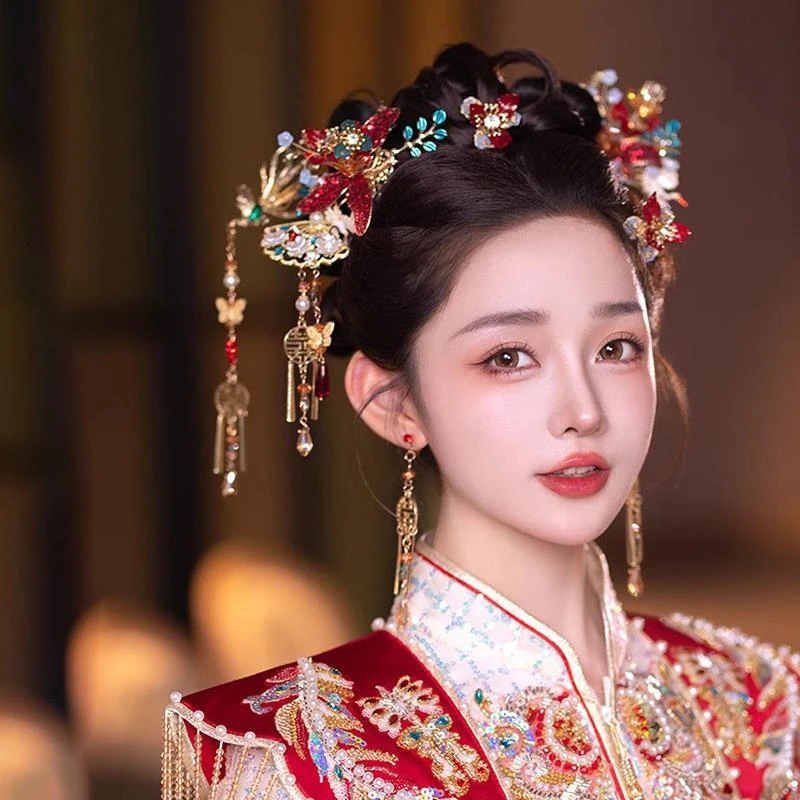 中式新款红色琉璃花朵步摇流苏头饰减龄古风秀禾旗袍新娘结婚发饰