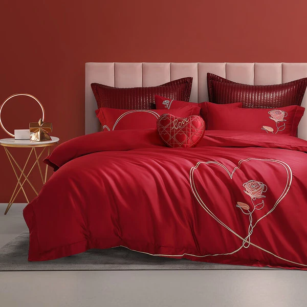 水星家纺长绒棉婚庆四件套玫瑰床上用品结婚喜庆大红色套件智选