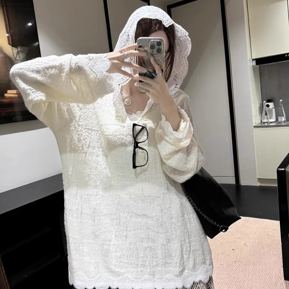 连帽蕾丝拼接镂空长袖针织衫女2024秋季新款宽松中长款罩衫上衣潮