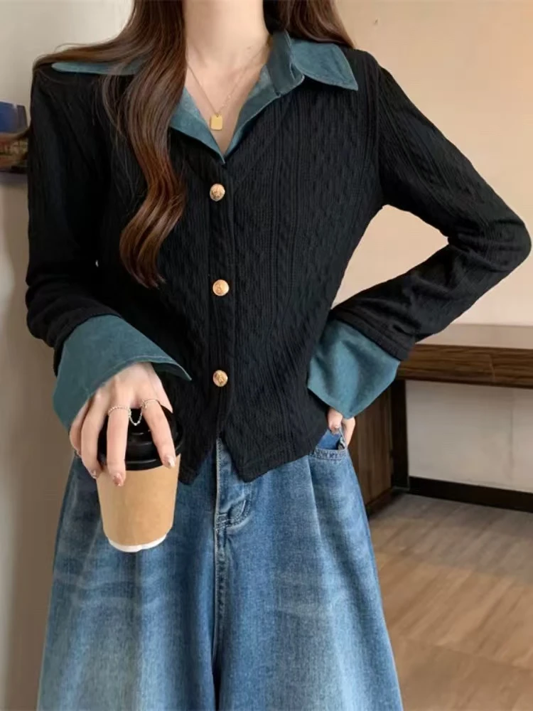 【高个子定制】假两件牛仔拼接针织衬衫