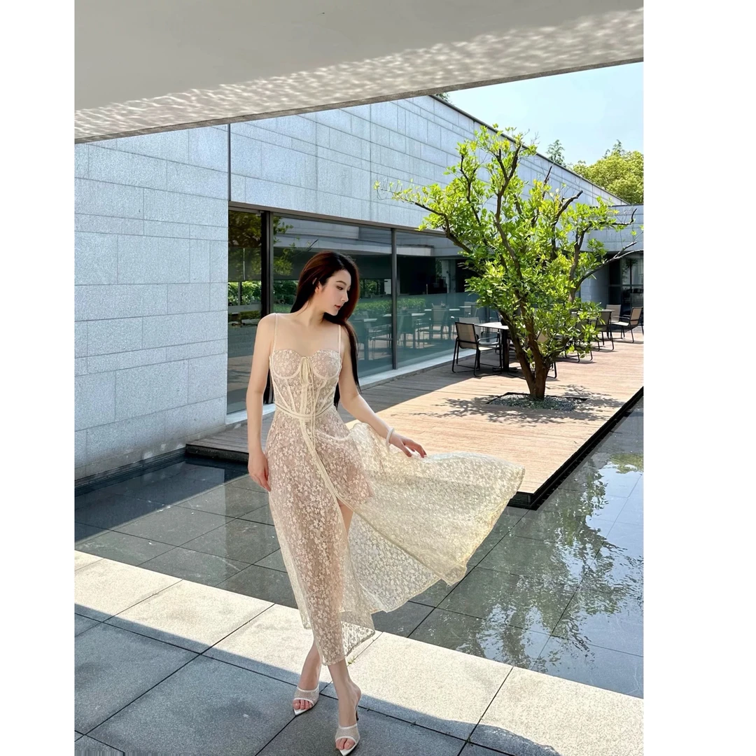 【芊羽原版轻奢高定】春夏新款重工蕾丝刺绣优雅气质显瘦收腰连衣裙