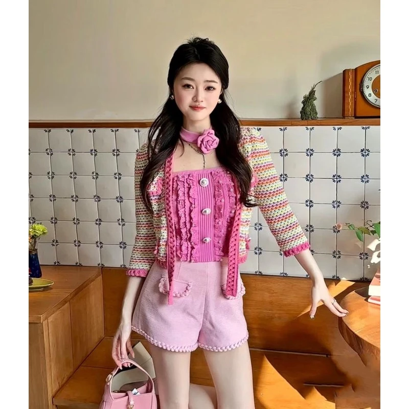 2024夏季新款甜美俏皮粉色花纱小香风针织短款开衫姆