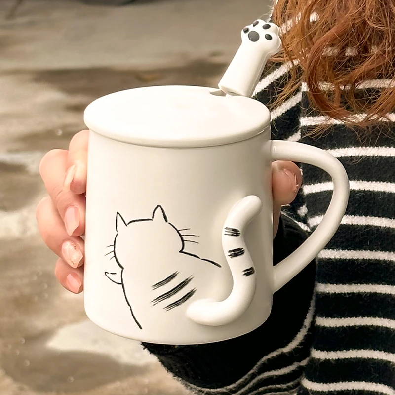 猫咪杯子陶瓷马克杯带盖勺情侣简约可微波炉加热家用办公室咖啡杯