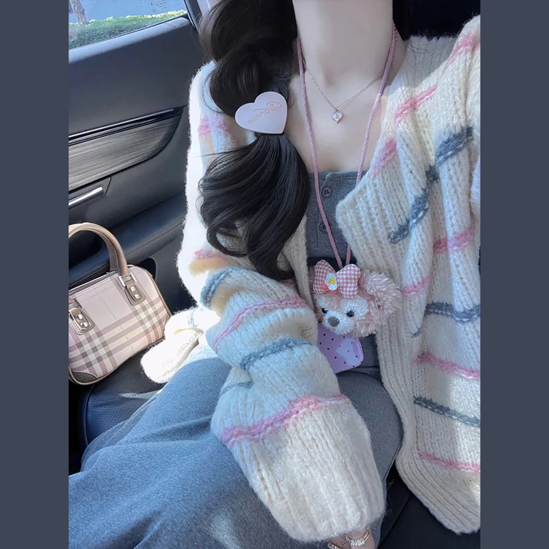 ZJ0446温柔风吊带连衣裙套装女早秋韩版慵懒条纹针织毛衣纯欲长裙