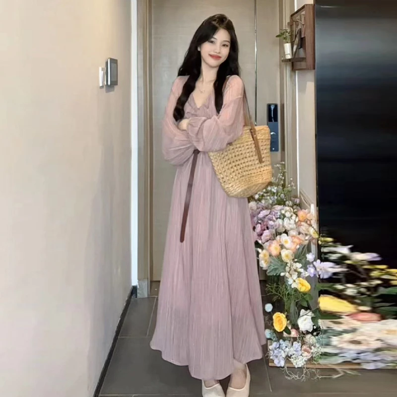 ZJ4419法式温柔风气质长袖连衣裙女夏季新款高级感超好看绝美长裙