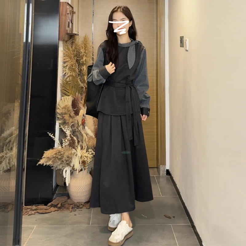 ZJ5939早秋通勤女装显瘦气质连衣裙套装黑色收腰轻奢风长裙两件套