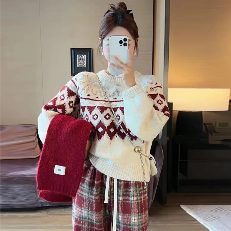 ZJH890秋冬百搭新款高级感毛衣圣诞节喜庆红色慵懒风套头宽松上衣