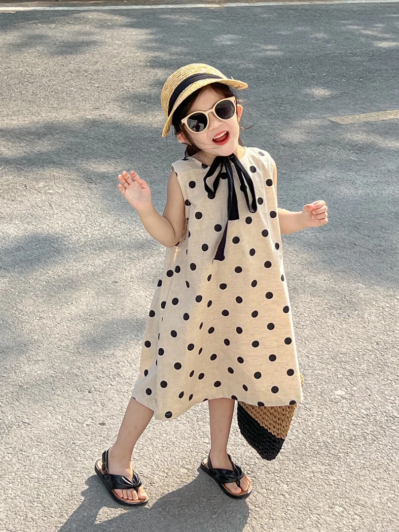 2024夏季新品韩国童装网红款圆点洋气后背系绳女童女宝连衣裙波点