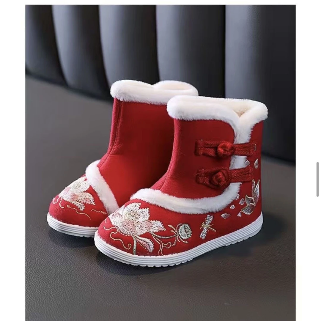 儿童汉服鞋女童冬季古装棉鞋中国风绣花鞋民族风雪地靴加绒拜年鞋