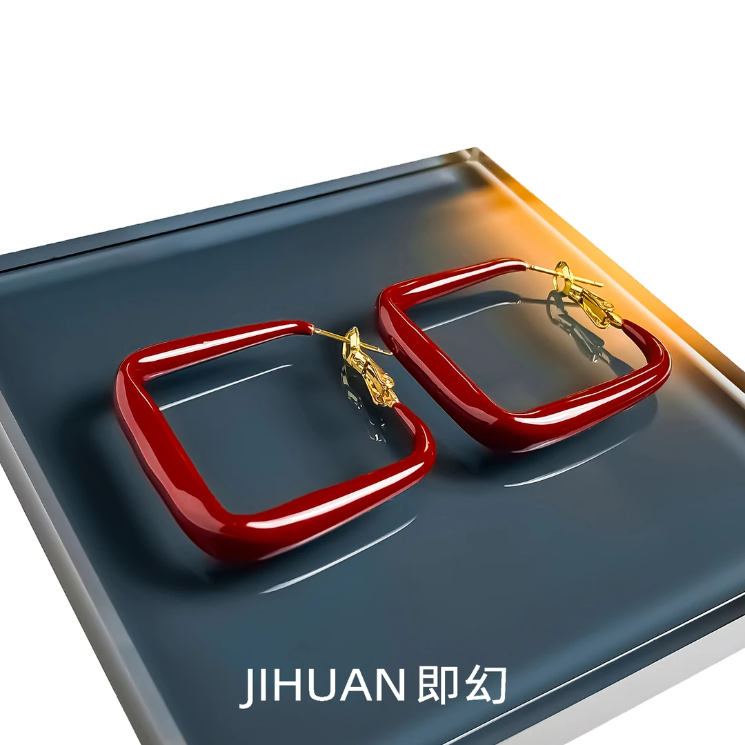 铜合金耳饰 欧风时尚滴釉设计款红色方圈耳环 9157