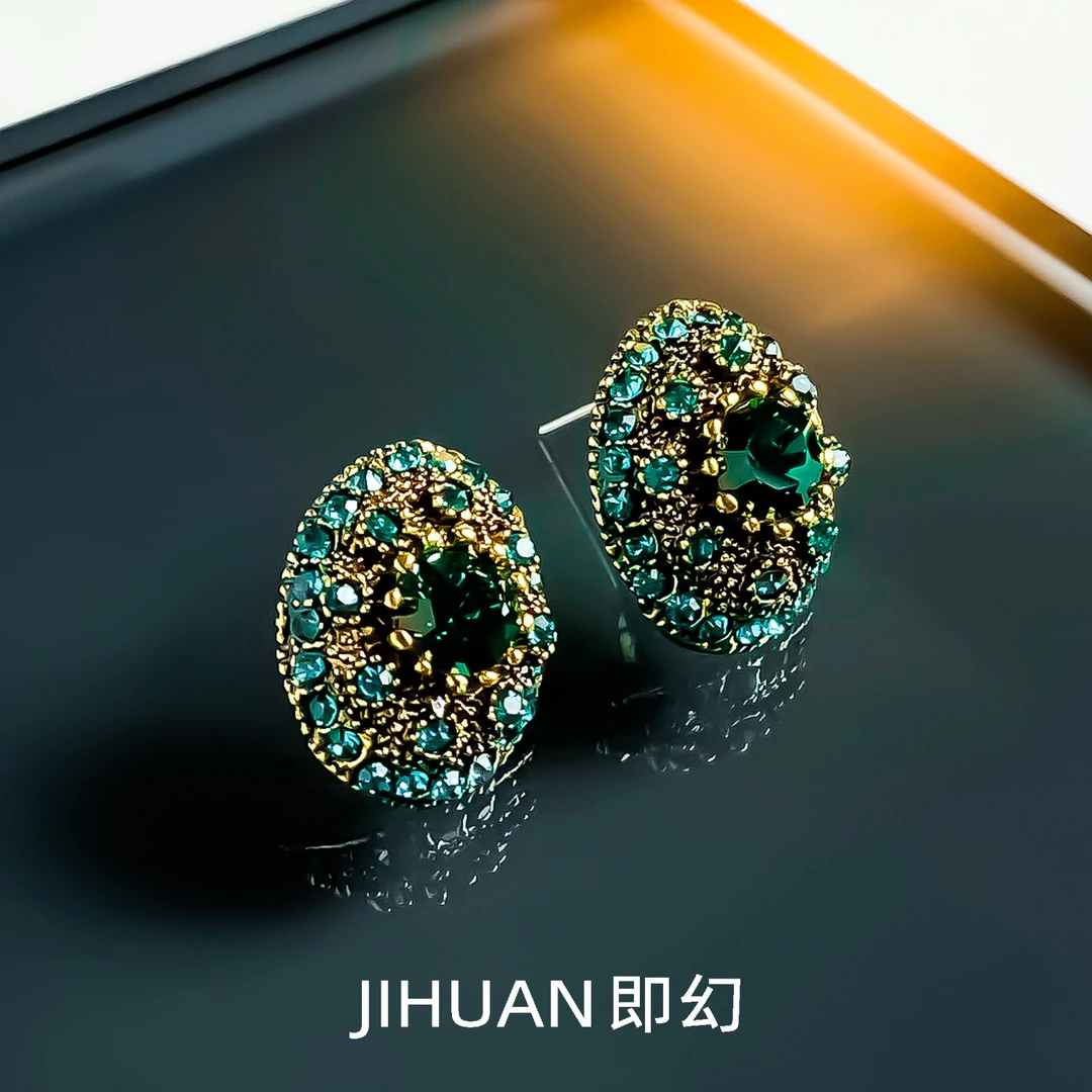 铜合金耳饰 ♦绿珊瑚 复古百搭绿色耳环 椭圆满镶石宝耳钉 JL-7452