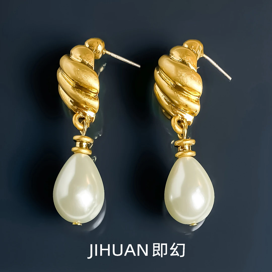 铜合金耳饰 法式中古珠珠耳环百搭简约做旧INS风高档耳环 B-8910