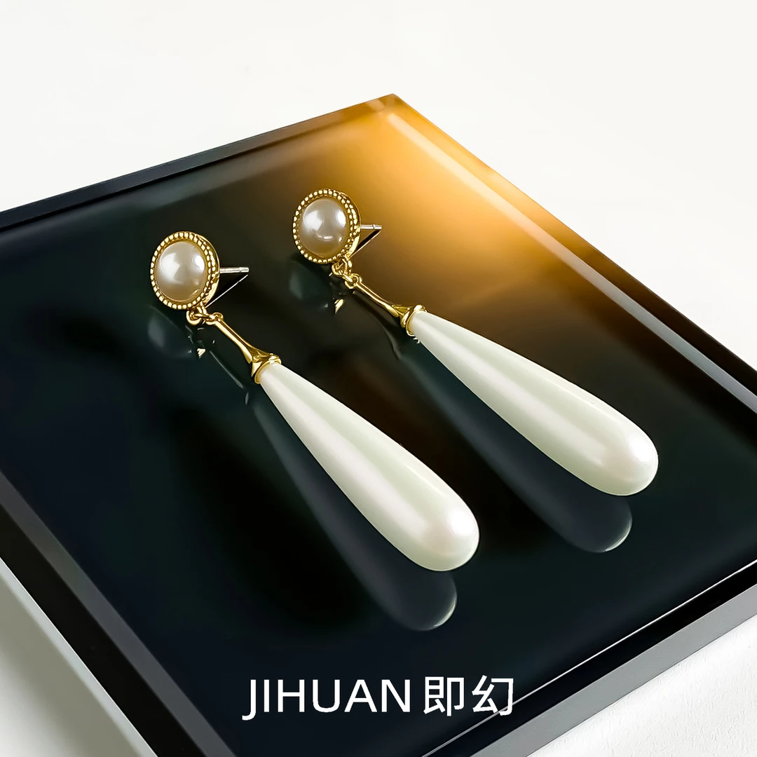 即幻 铜合金耳饰 欧美时尚气质简约白色水滴吊坠长款耳钉 B-8436