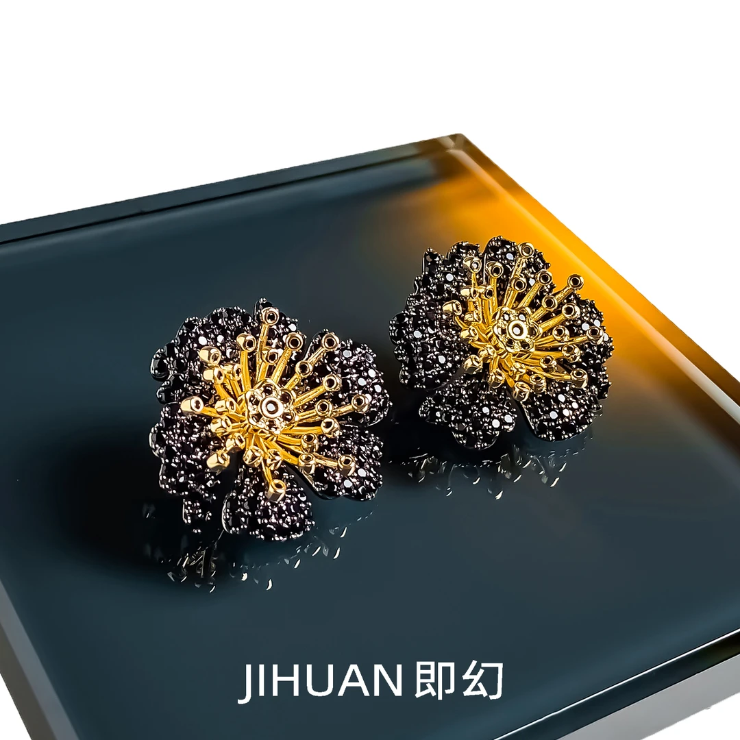 铜合金耳饰 欧美花型优雅黑色镶嵌设计师轻奢耳环 9197