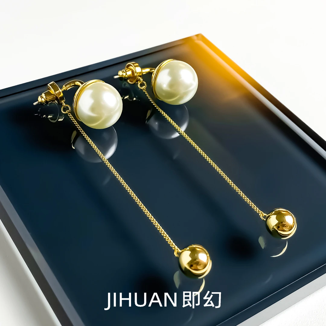 即幻 铜合金耳饰 欧风金色珠珠轻奢耳环 小众时尚吊坠耳钉 B-7851