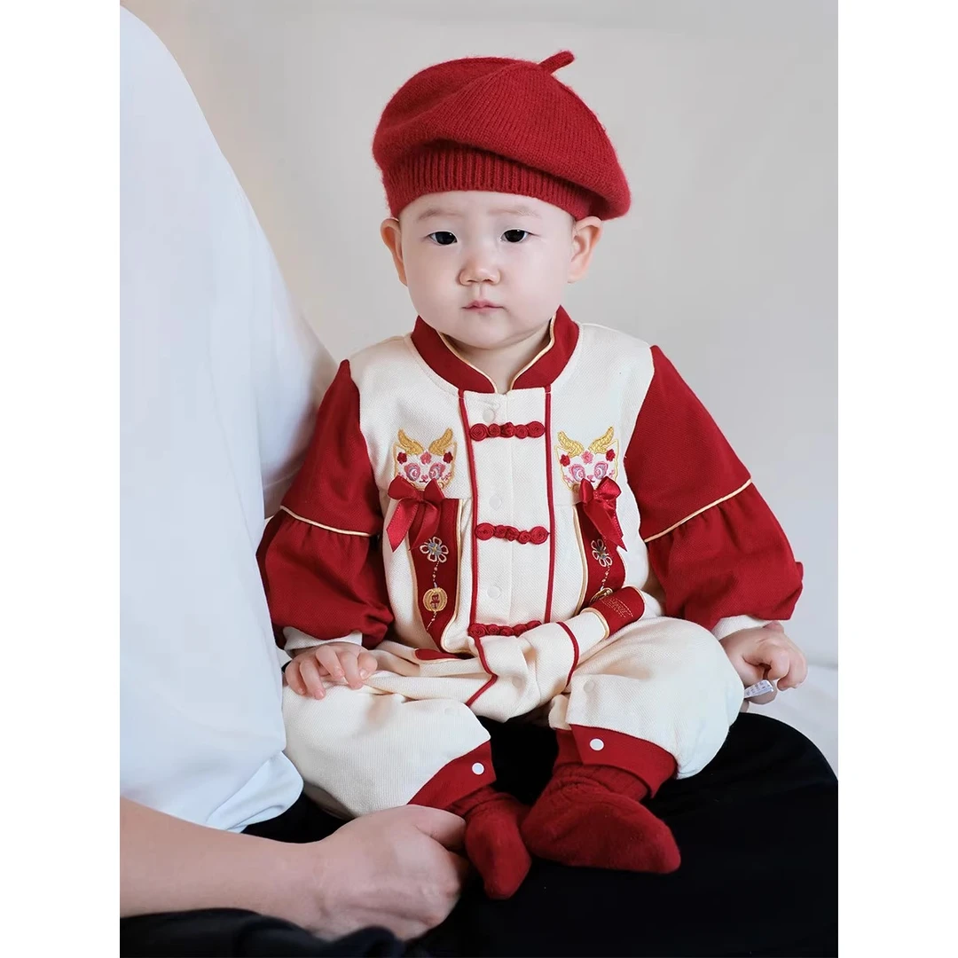 宝宝新中式婴儿秋冬衣服加柔新年服连体衣周岁礼服满月百天少爷