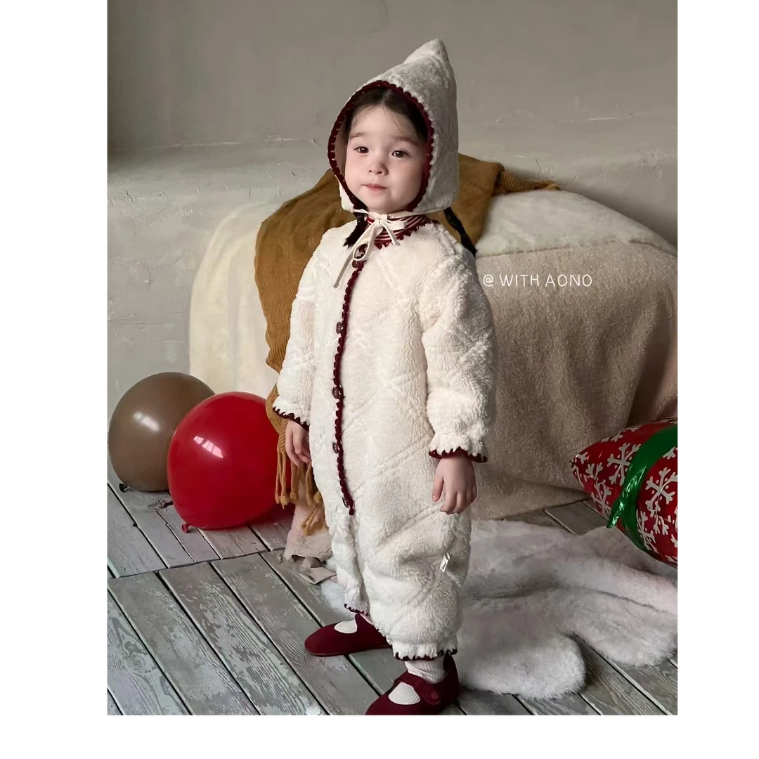 WITH AONO菱形格圣诞套装秋冬加厚加绒毛绒长款爬服