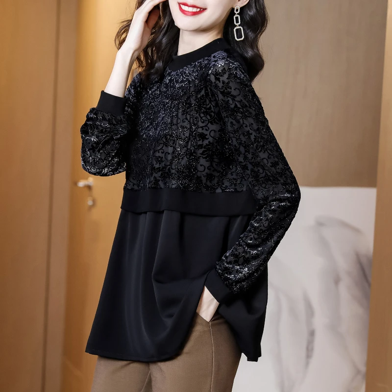 AODIZI/傲迪姿遮肚子蕾丝打底衫女秋冬季拼接大码女装T恤网纱上衣