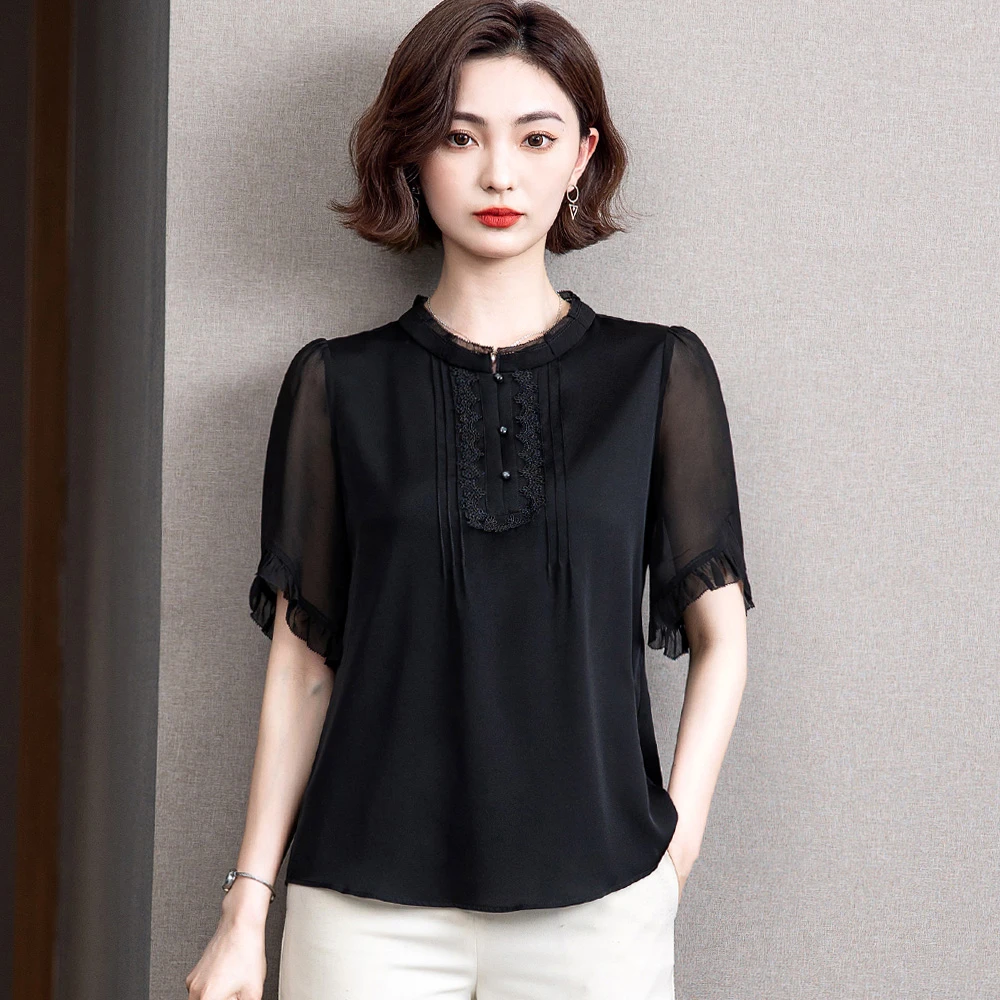 AODIZI/傲迪姿雪纺衫女夏新款短袖韩版大码女装上衣洋气蕾丝小衫