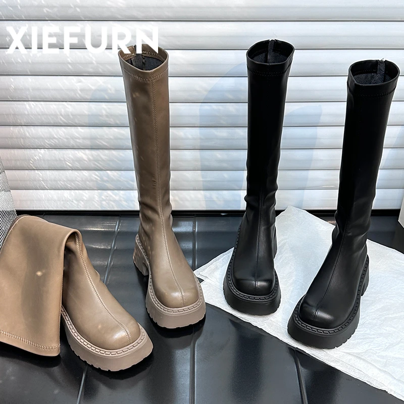 XIEFURN/鞋夫人2023小个子厚底骑士长筒时尚复古百搭粗跟秋冬女鞋