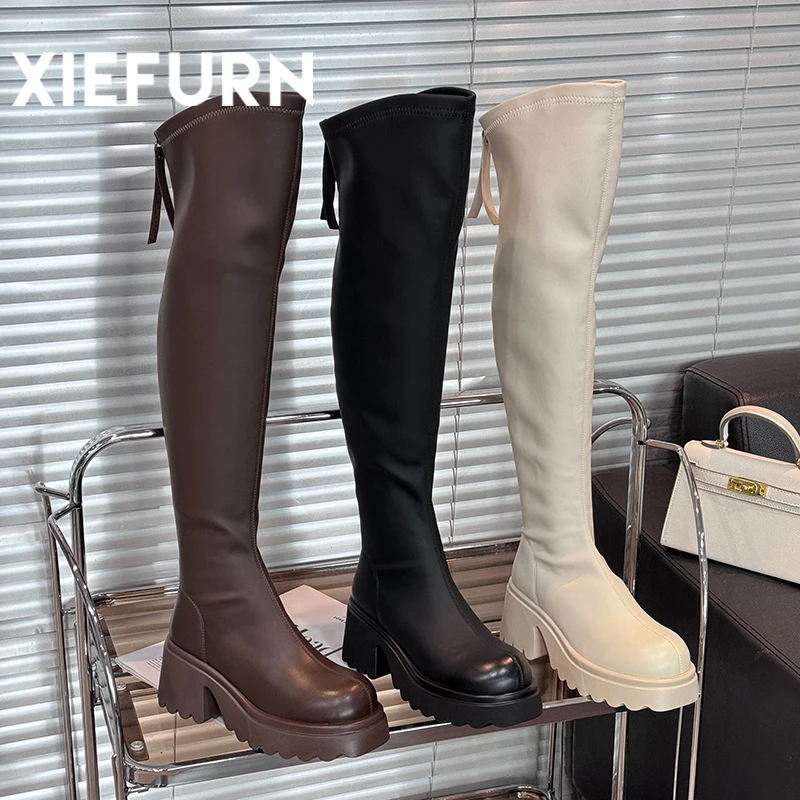 XIEFURN/鞋夫人女鞋显瘦厚底秋冬粗跟英伦风长筒百搭时尚瘦瘦靴