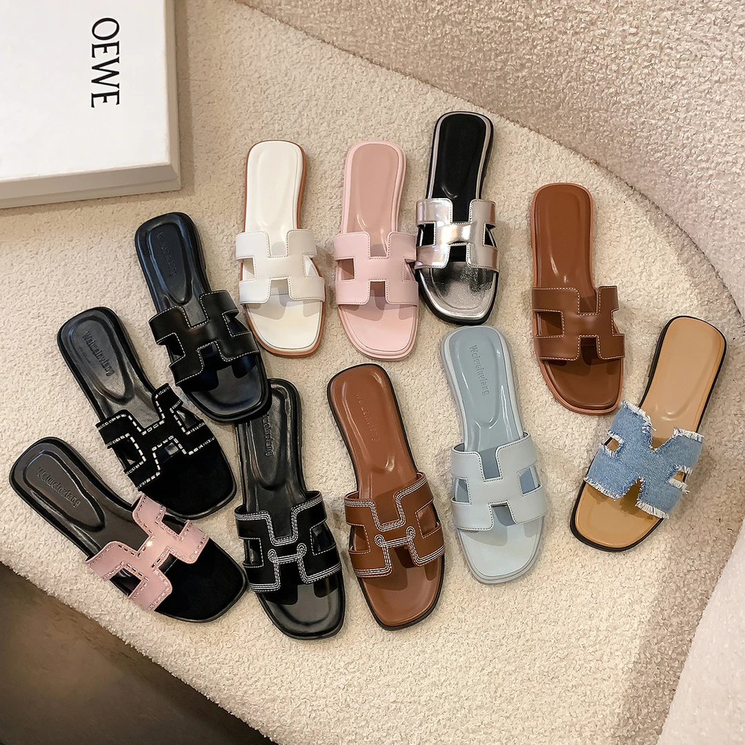 时尚外出拖鞋女夏新款懒人一脚蹬水钻方头H型沙滩凉拖外穿女士