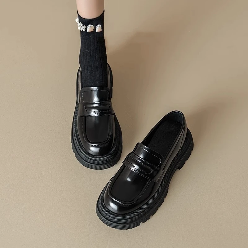 厚底增高乐福鞋女2024年春季粗跟百搭英伦学院风JK制服通勤小皮鞋