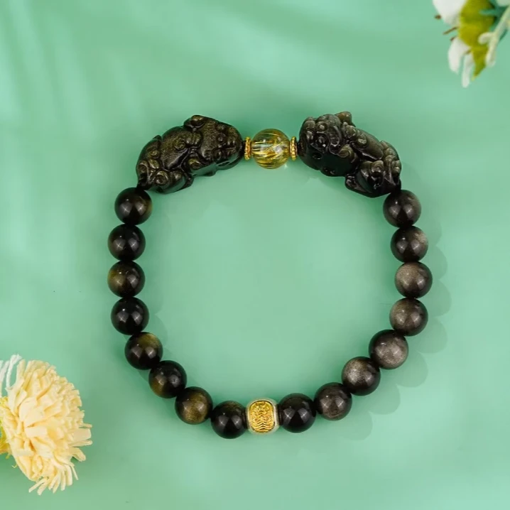 金银黑曜石貔貅扎基手串