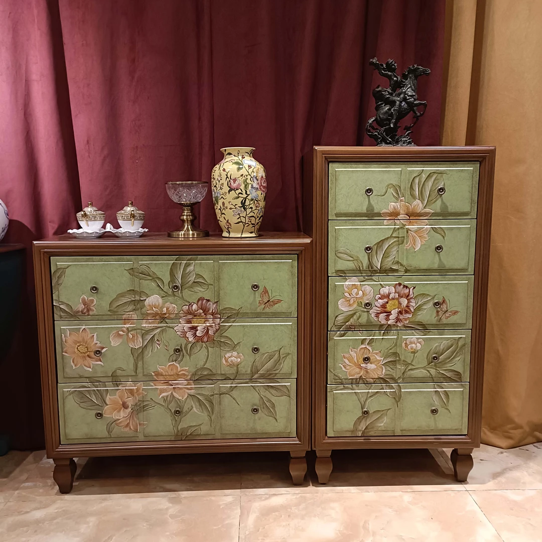 【向向家】美式轻奢复古客厅玄关欧式做旧雕花抽屉式三斗柜五斗柜