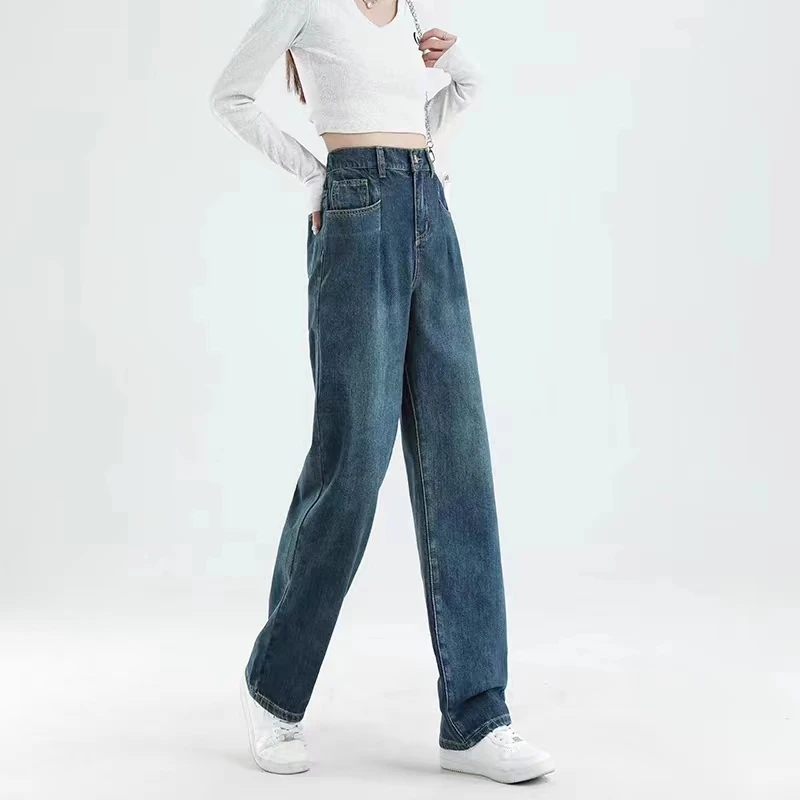 娟姐休闲复古大码女装高腰直筒宽松牛仔裤女款显瘦阔腿裤裤子长裤