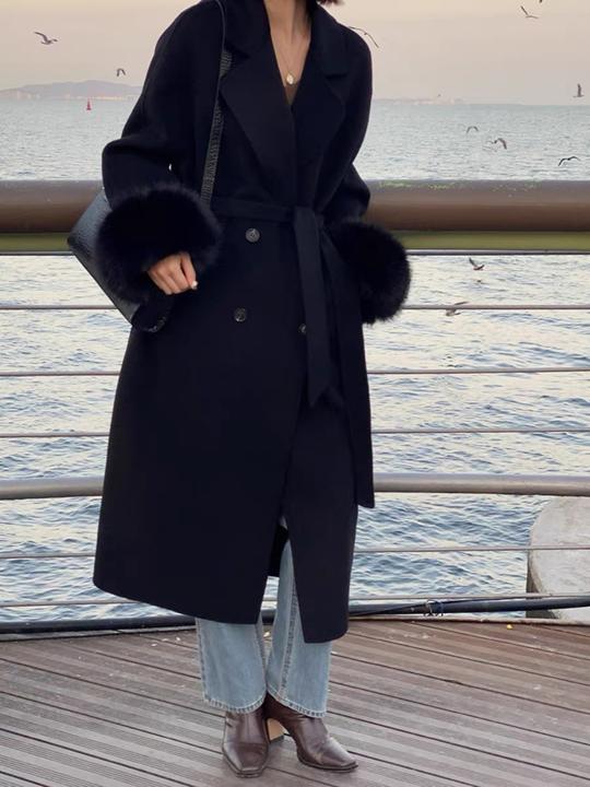 气质狐狸毛袖口羊毛双面呢韩版大衣女秋冬新款复古中长款毛呢外套