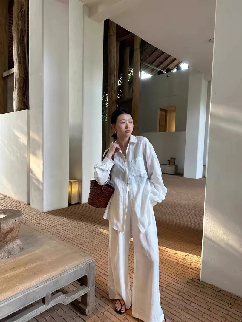 法式慵懒  100%法国纯亚麻row衬衣宽松高级防晒简约套装