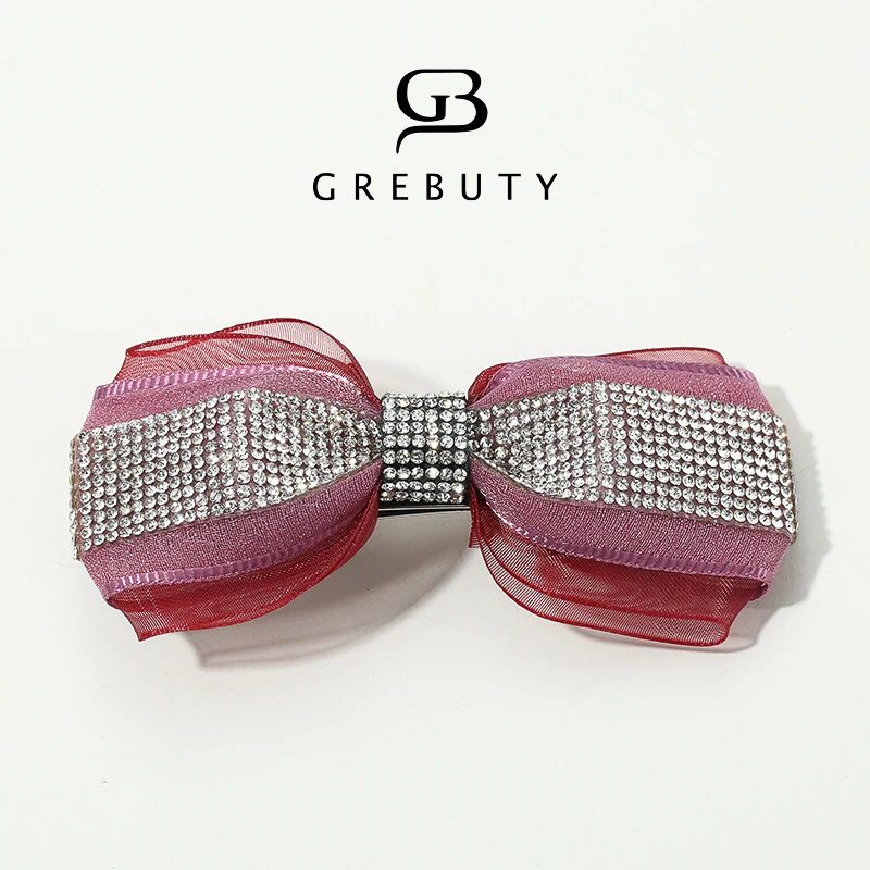 GREBUTY 4115 新品粉紫色锆石闪闪蝴蝶结弹簧夹