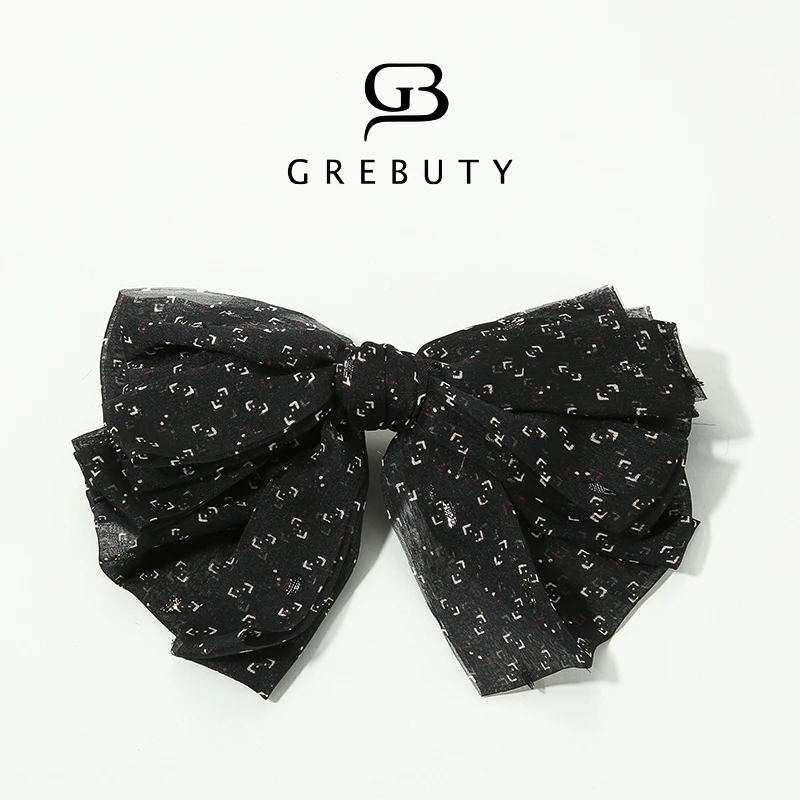 GREBUTY 4058 新品黑色点点细闪蝴蝶结弹簧夹