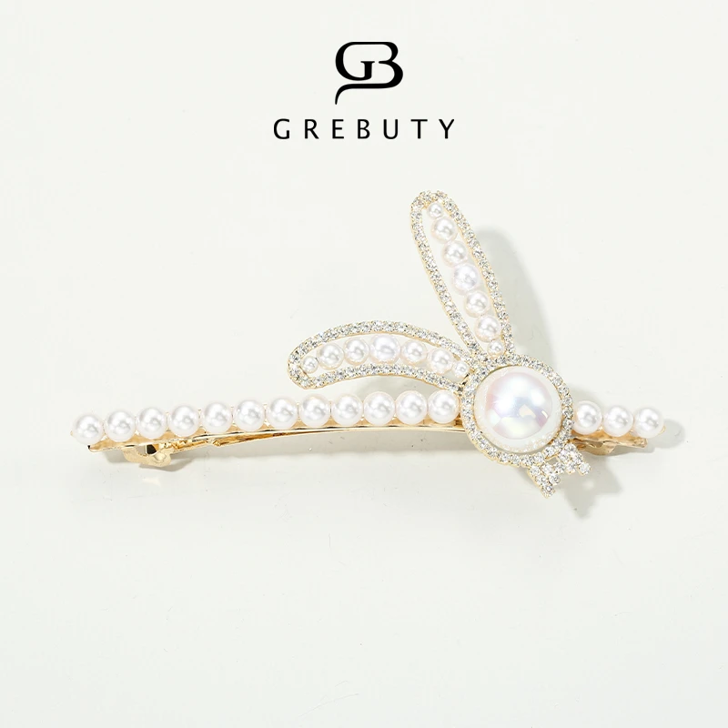 GREBUTY  3997 新品白色珠珠闪闪兔子一字弹簧夹