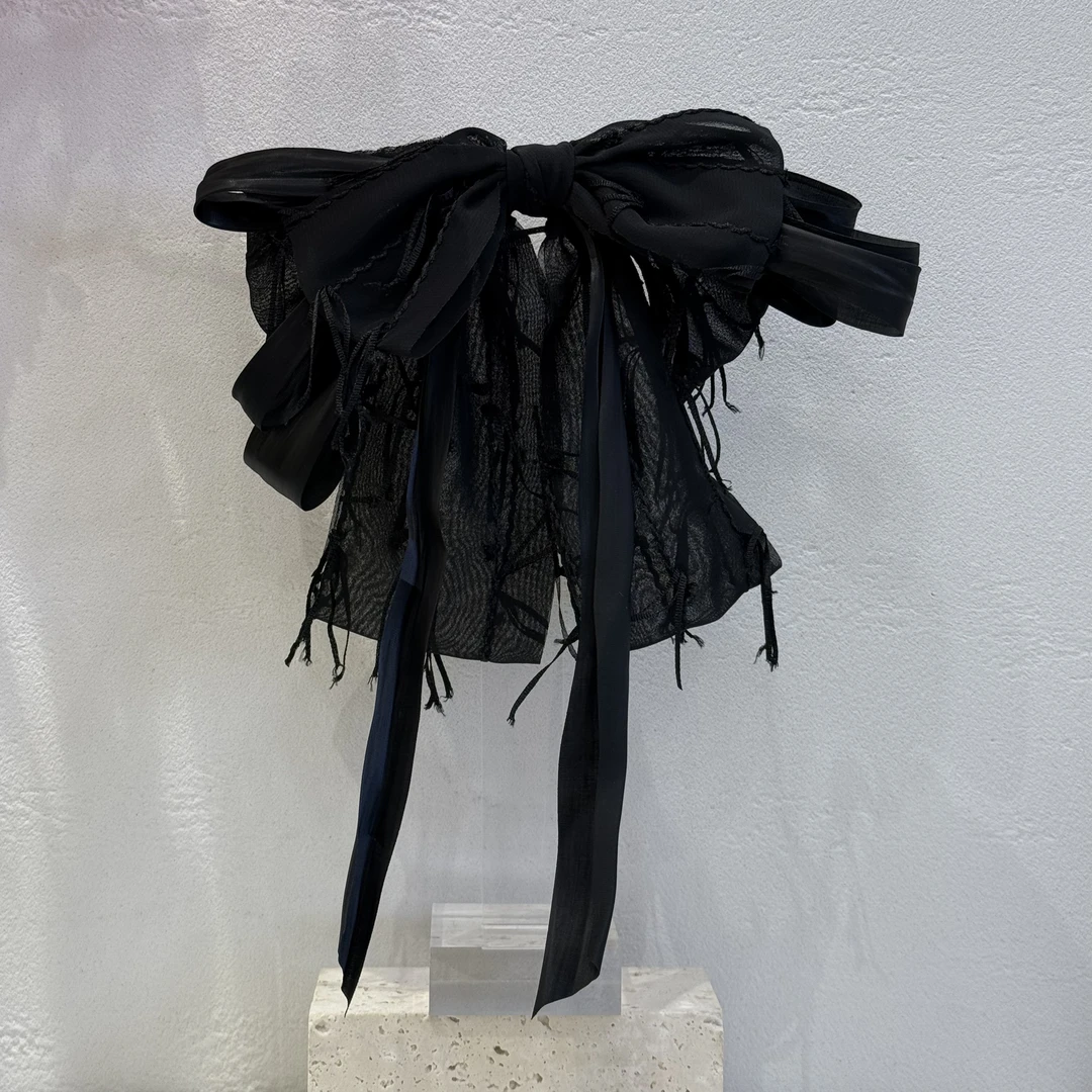 GREBUTY 5496 简约百搭黑色多层飘带蝴蝶结弹簧夹