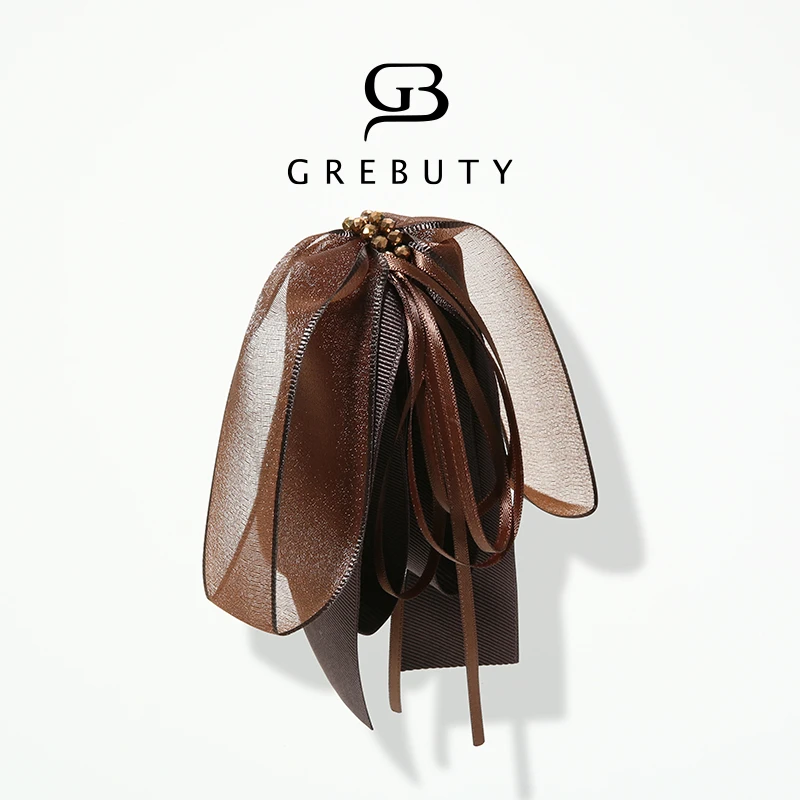 GREBUTY 4523 新品咖色纱纱锆石闪闪蝴蝶结香蕉夹气质