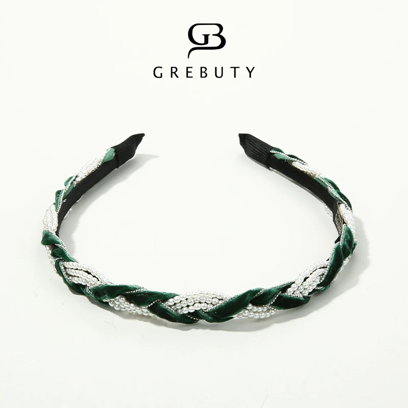 GREBUTY 非金属发饰 1122 新品墨绿色珠珠链条麻花发箍