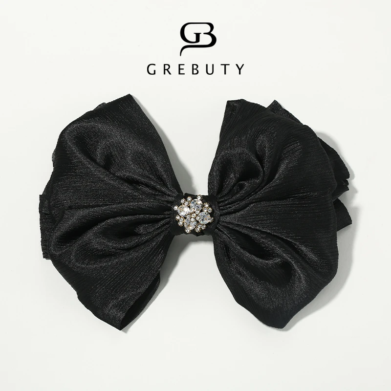 GREBUTY 非金属布艺发饰 3965 新品黑色锆石闪闪蝴蝶结弹簧夹