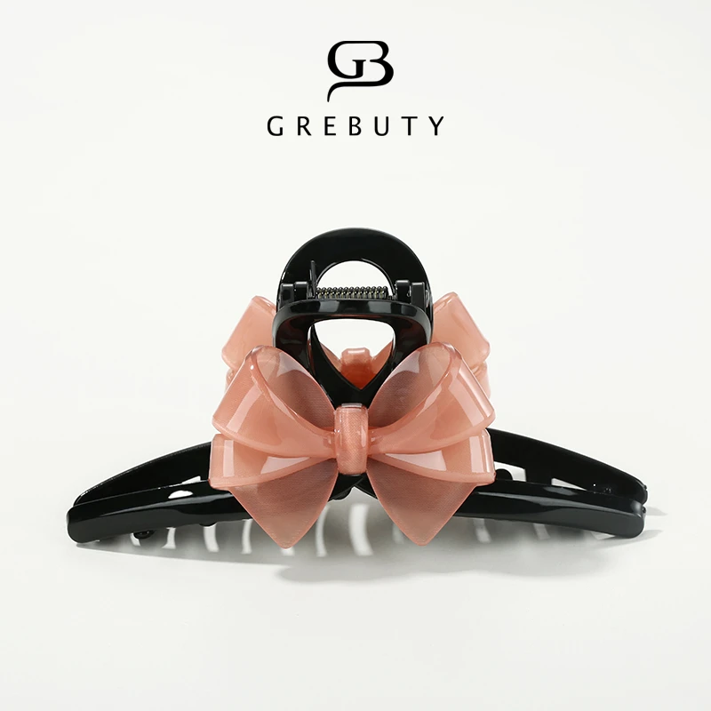 GREBUTY 4236 新品藕粉色蝴蝶结亚克力抓夹