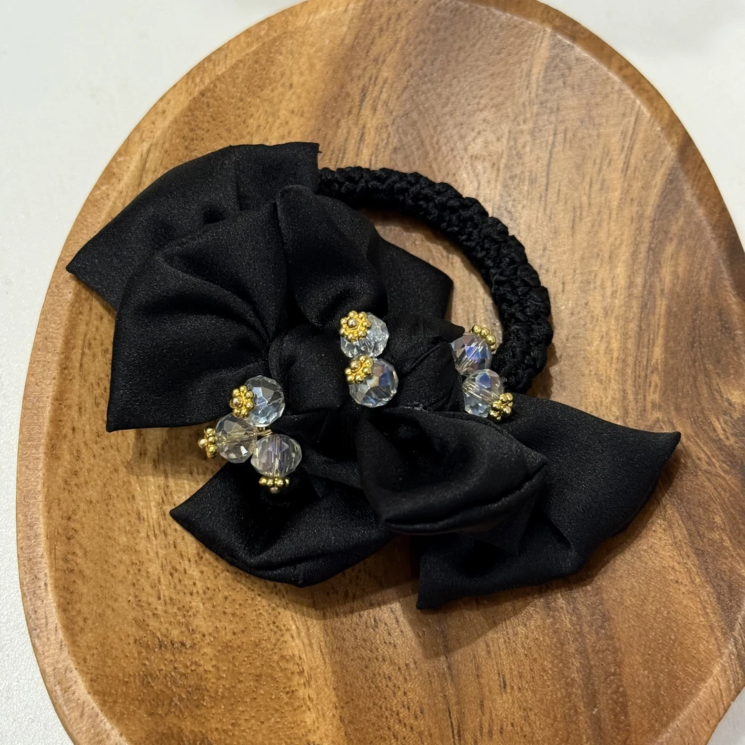 GREBUTY 5938 气质百搭黑色多层花苞闪闪蝴蝶结肠圈发圈