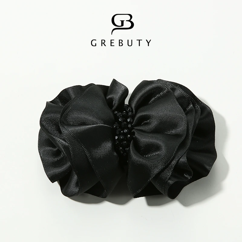 GREBUTY 4051 新品黑色花苞闪闪多层蝴蝶结弹簧夹