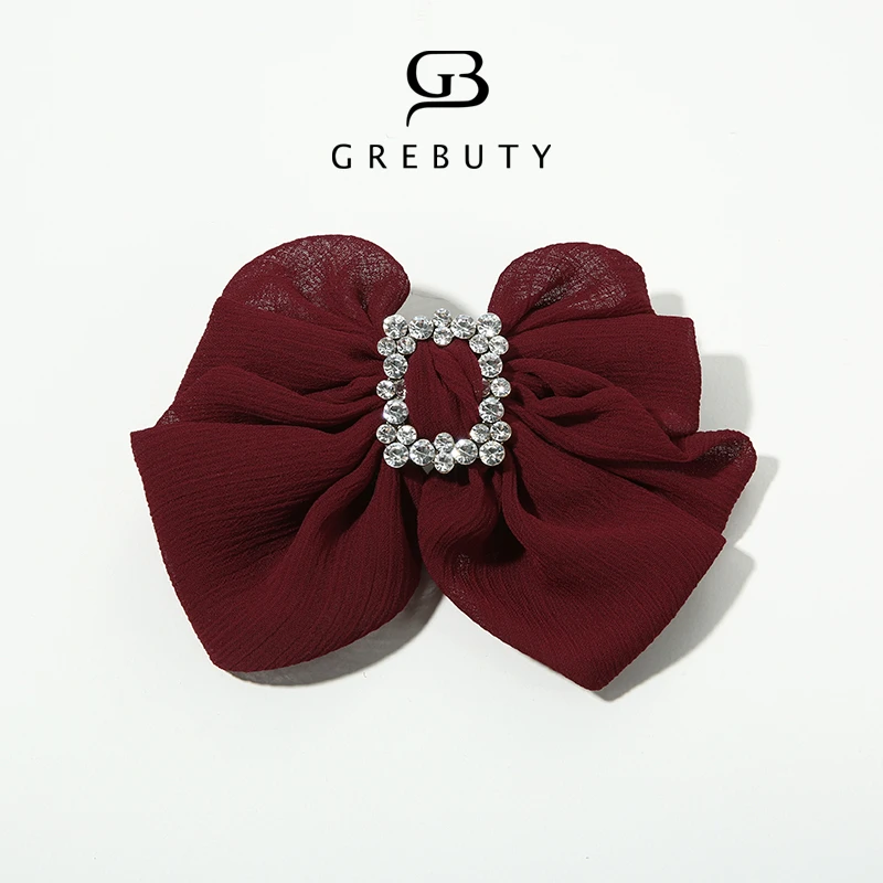 GREBUTY 3928 新品红色锆石闪闪蝴蝶结弹簧夹