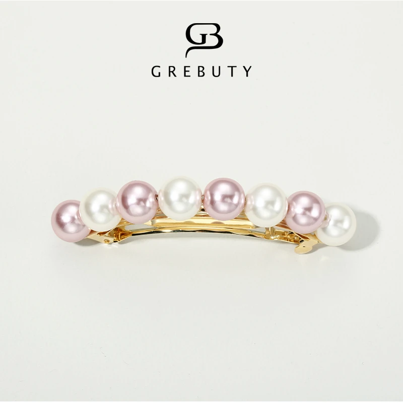 GREBUTY 4091 新品粉白色珠珠闪闪一字弹簧夹